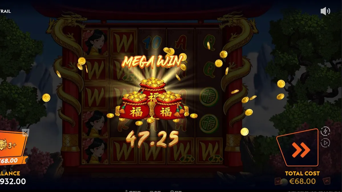 Tampilan visual slot Dragon Trail dengan naga emas dan simbol koin
