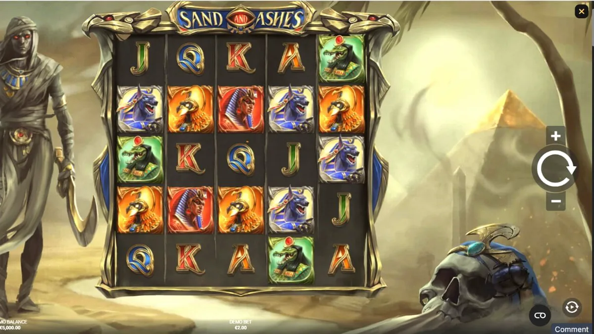 Tampilan layar permainan slot Sand and Ashes dengan tema gurun dan simbol Mesir kuno