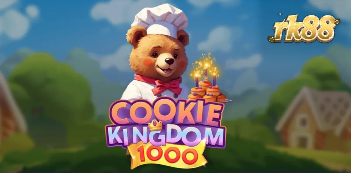 Tampilan visual ceria dari slot Cookie Kingdom 1000 dengan karakter beruang pembuat kue.